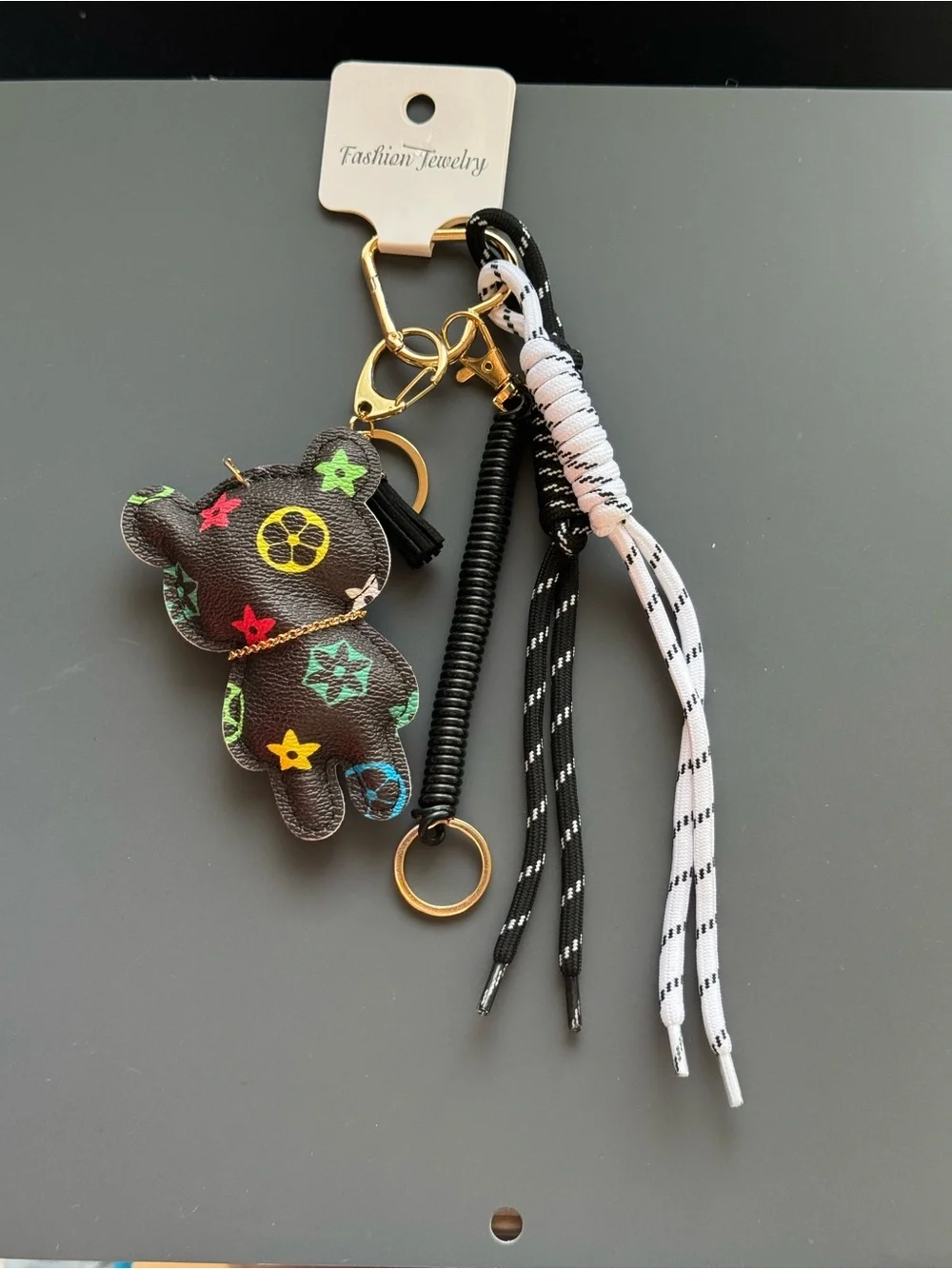 Black Floral Print Bear Keychain Bag Charm Gold Accent Coordinating Cord NWT